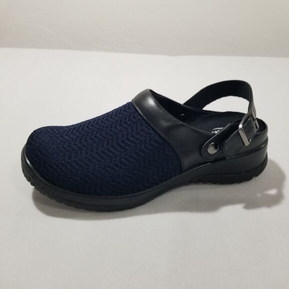 DREW Shoes - Drew Clogs 7.5 Savannah Black Shoes Womens Ankle Strap Navy Wavy Stretch NEW
